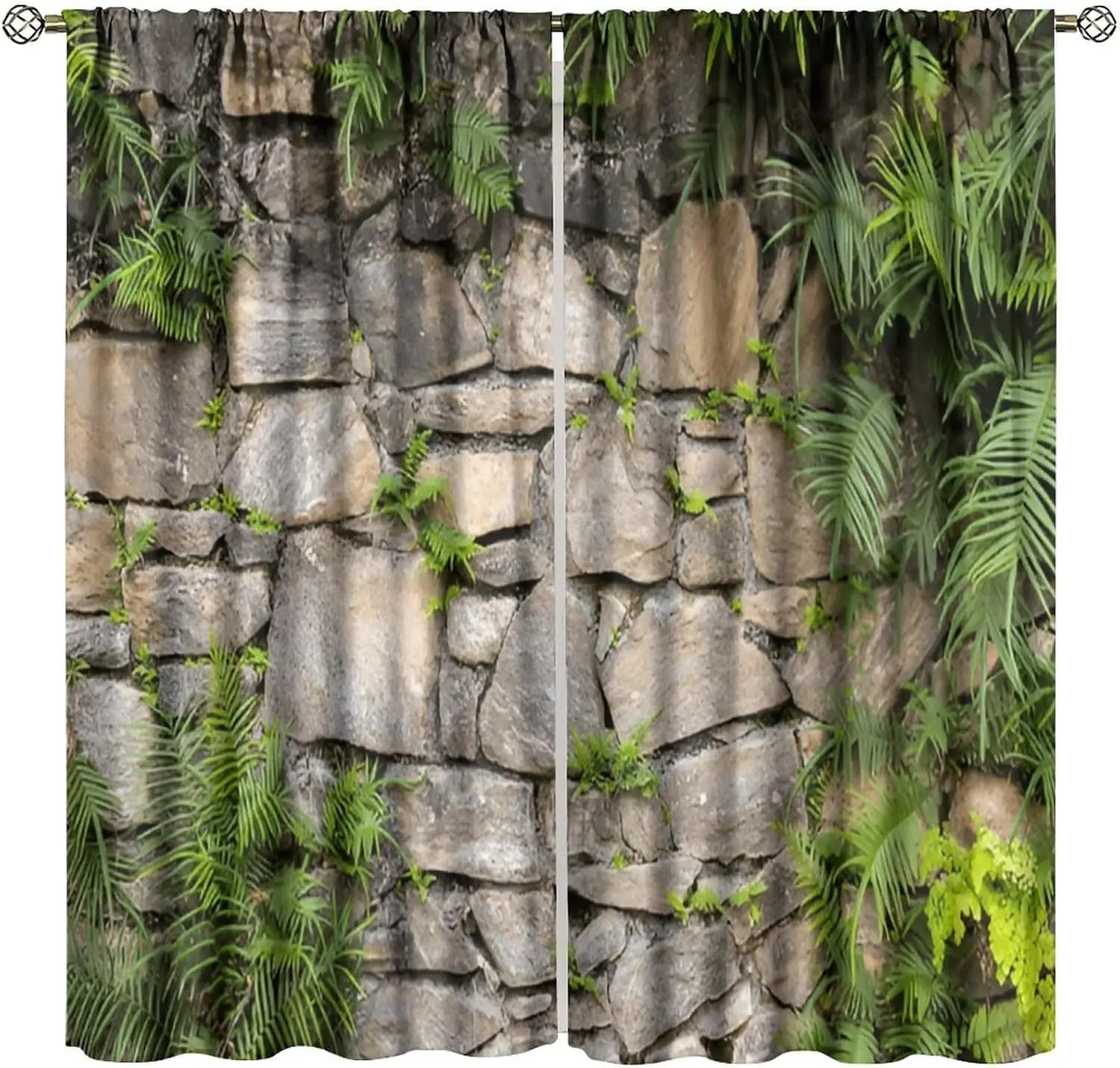 Retro Stone Brick Wall Blackout Curtain,Country Rocks Brown Brick Wall Green Leaves Plant Rod Pocket Drapes Window Treatments