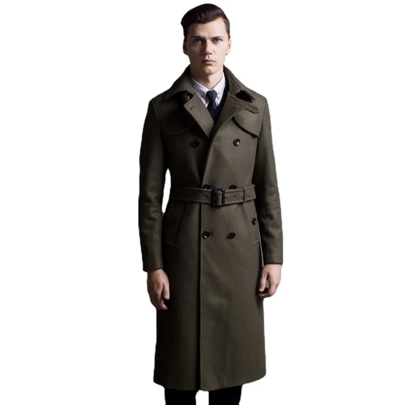 

Long Wool Duffle Overcoat Army Green Winter Double Breasted Men Woolen Jacket Large Size Windbreaker Mens Military Trench Coat