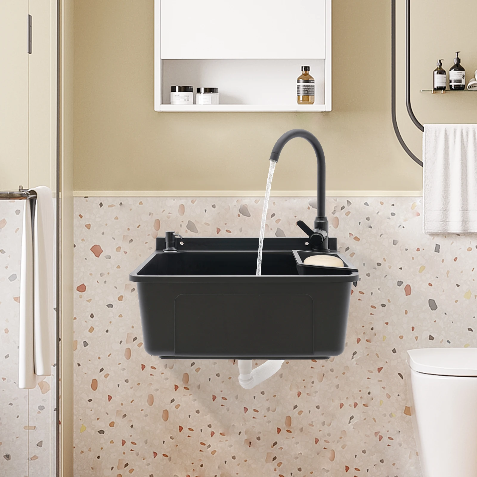 

Wall-Mounted Utility Sink, Black Small Basin for Laundry Room, Garage, Kitchen | Modern Sink, 20.08x17.52x9.45 Inch, PP Material