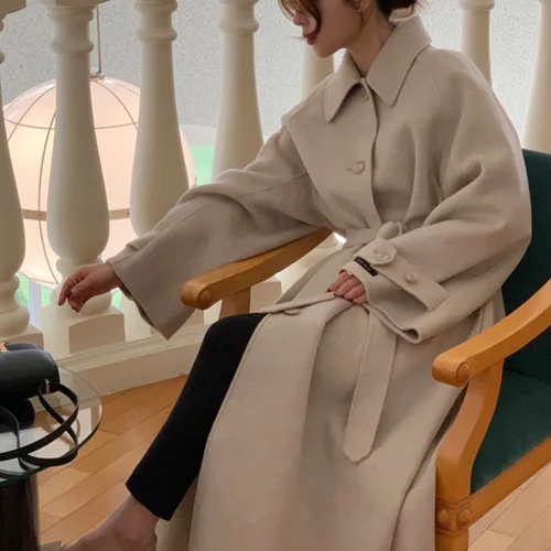 긴 코트 한국 스타일 긴 소매 포로 칼라 여성용 빈티지 우아한 허리 조임 울 재킷 겨울 코트 외투 코트 외투 코트