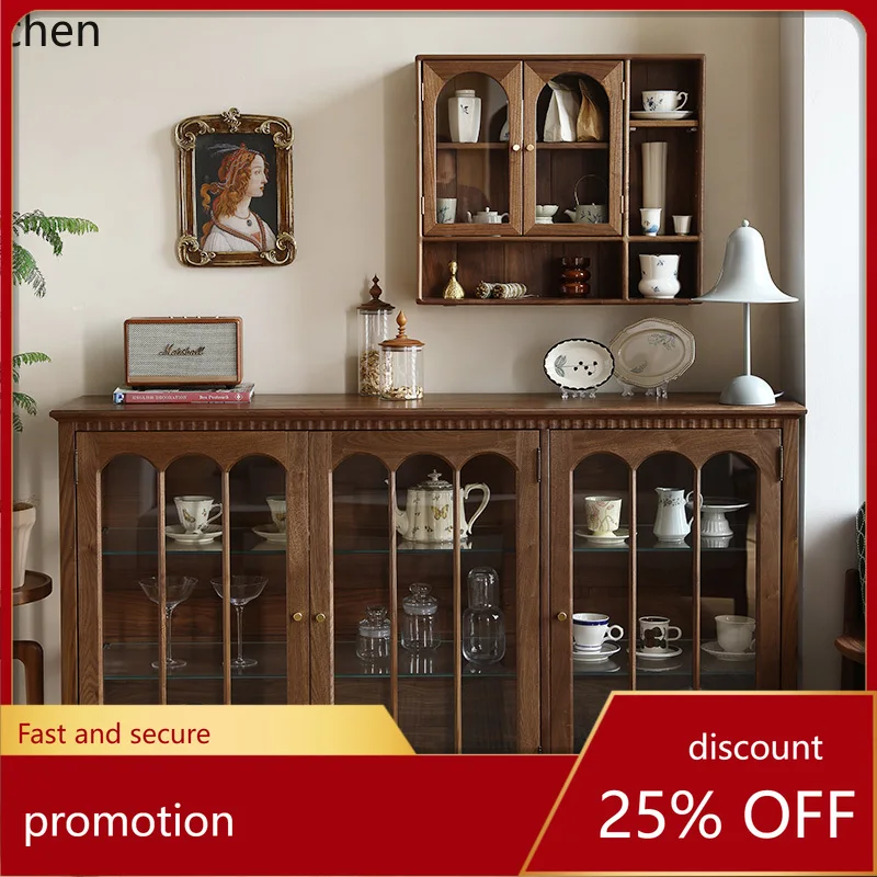 

ZML retro tea set porcelain display black walnut glass side cabinet living room