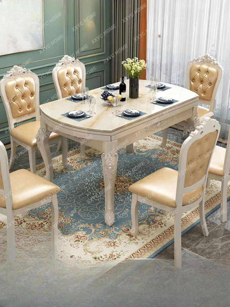 European Marble Dining Tables and Chairs Set Retractable Foldable Dual-Purpose Dining Table