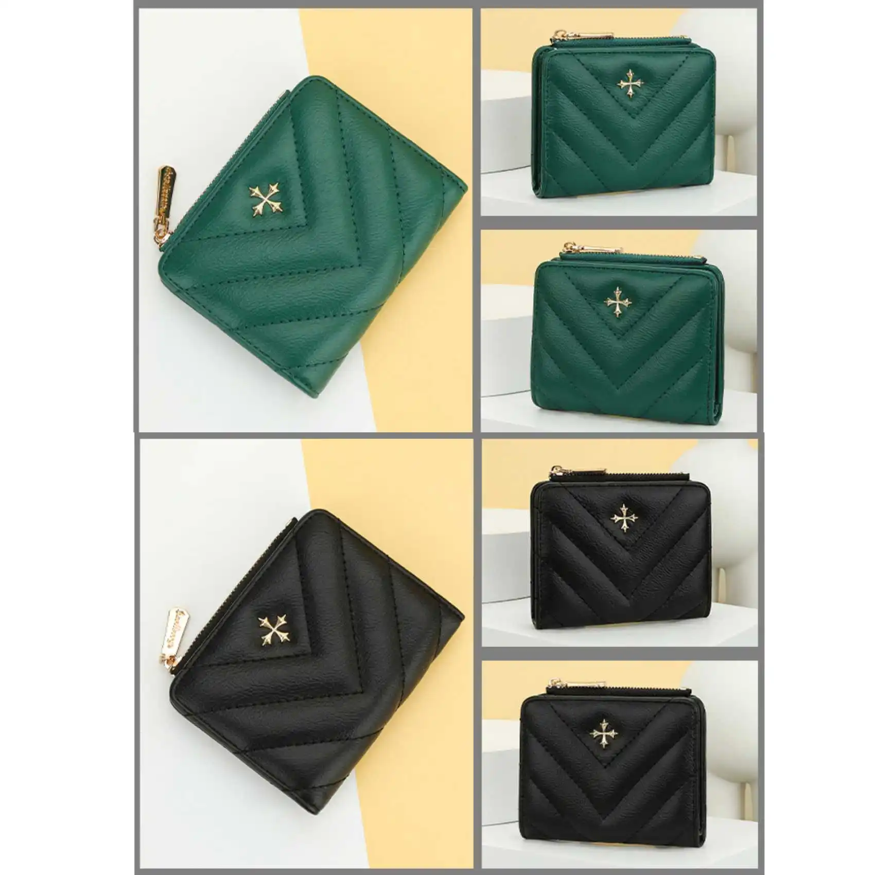 Cross Pattern Zipper Button Women's Short Wallet Fashion Quilted PU Leather Coin Purse Multi-Card Holder
