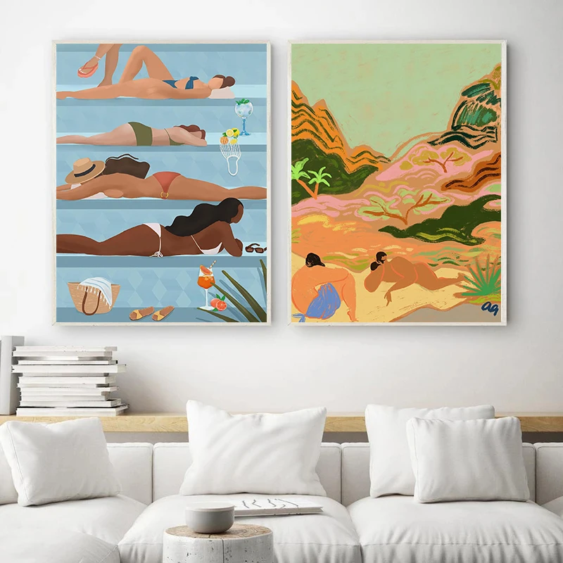 Summer Abstract Pool Ladies Posters Prints Beach Dance Balancing Act Canvas Painting Wall Art Pictures Home Living Room Decor