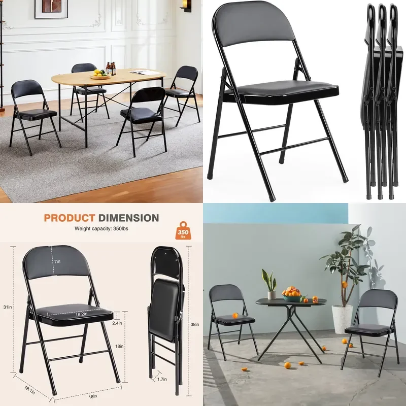 Leather Padded Folding Chairs 4 Pack, Sturdy Metal Frame, Comfortable Dinner Chairs for Living Room Outdoor Home Storage
