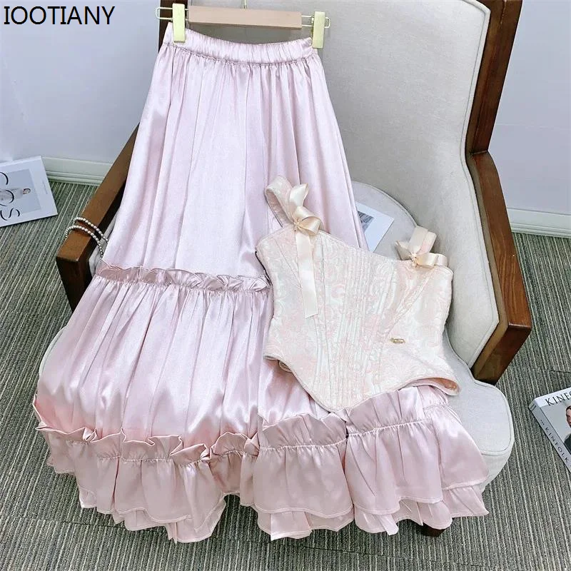 IOOTIANY Rosa Vintage Frauen Rock Runway Designer Hohe Qualität Chic Europäischen Trendy Dame Luxus Party Elegante Stilvolle 2024