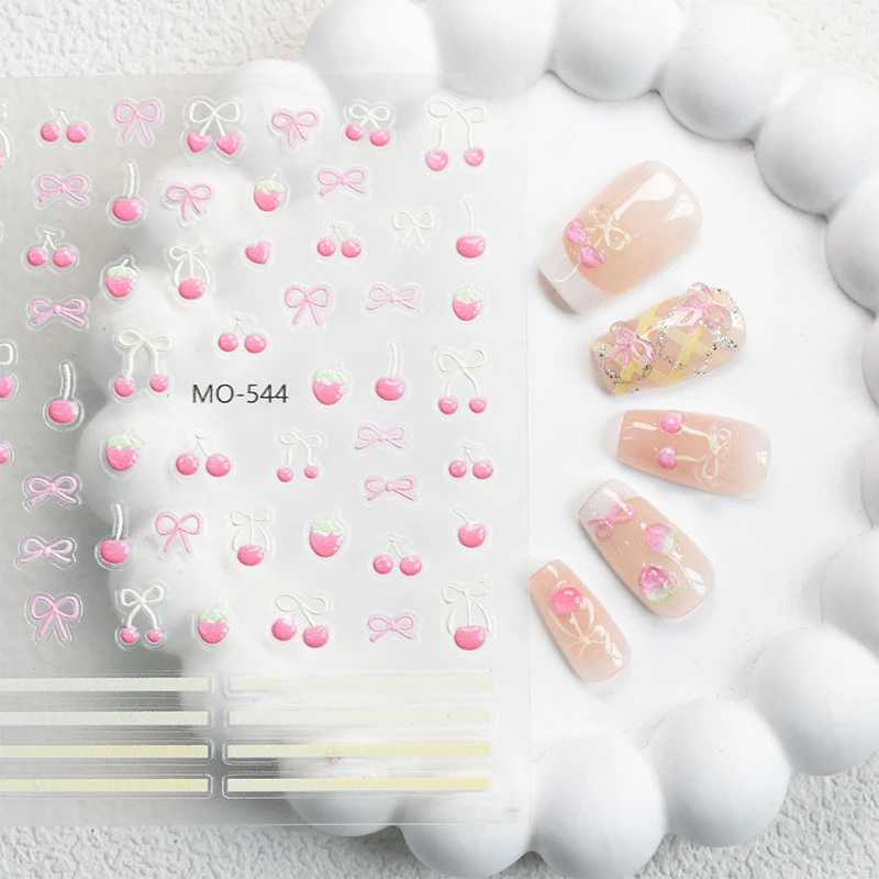 1 vel Kawaii Cherry Bow nagelstickers 5D schattig fruit ontwerp zelfklevende decoratieve stickers nail art stickers