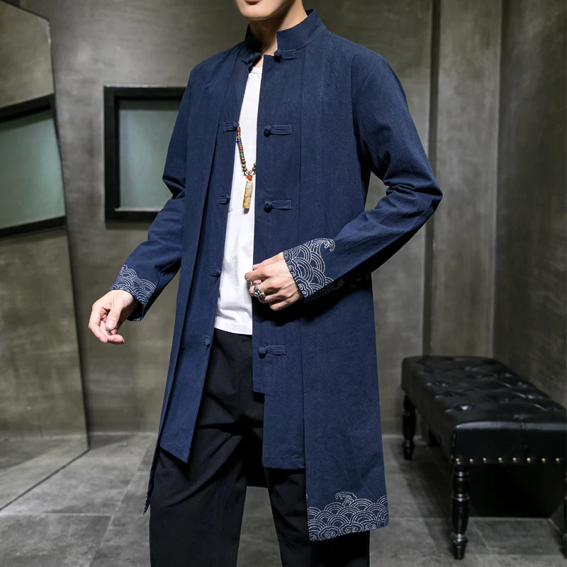 2025 Spring Men Linen Embroidery Coat Kimono Vintage Long Trench Jacket Male Chinese Style Loose National Streetwear Hanfu Robe