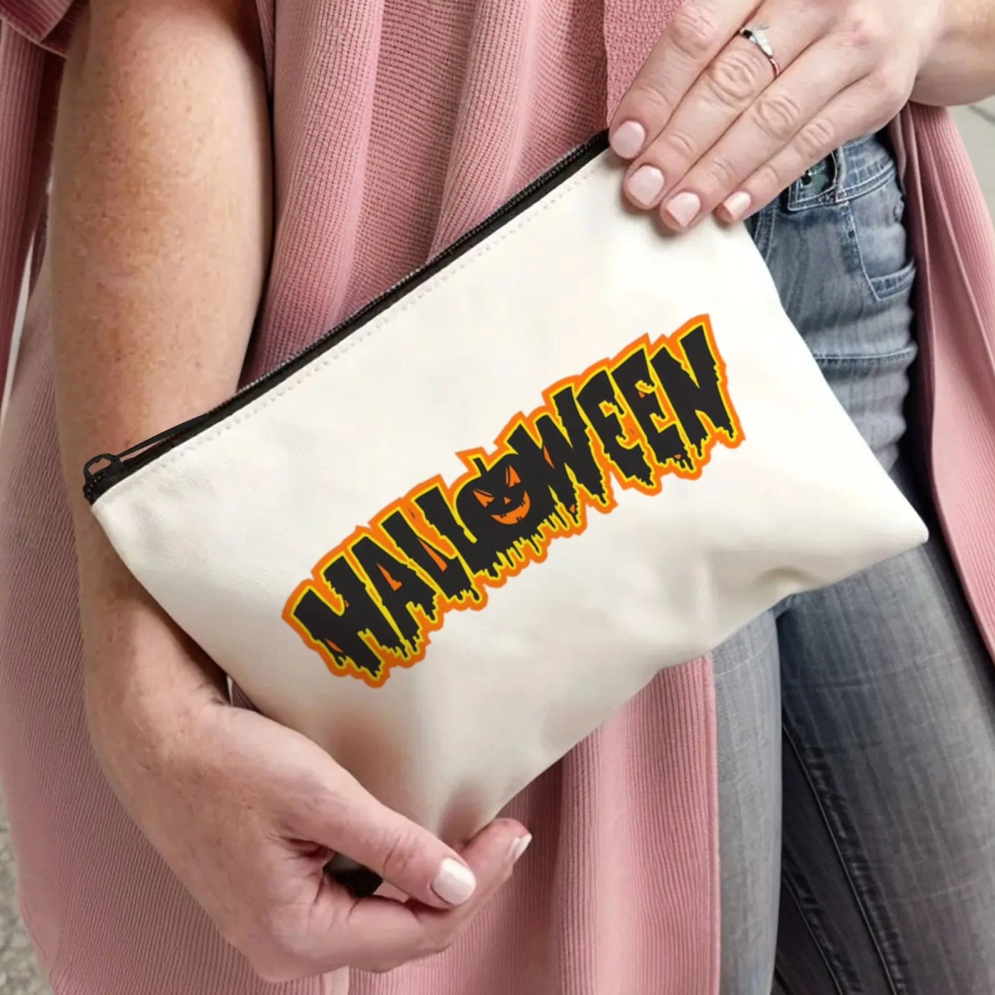 Borsa per cosmetici a tema Halloween Sfondo bianco "Halloween" e motivo zucca Stampa Tessuto lavabile e resistente compatto per portamonete