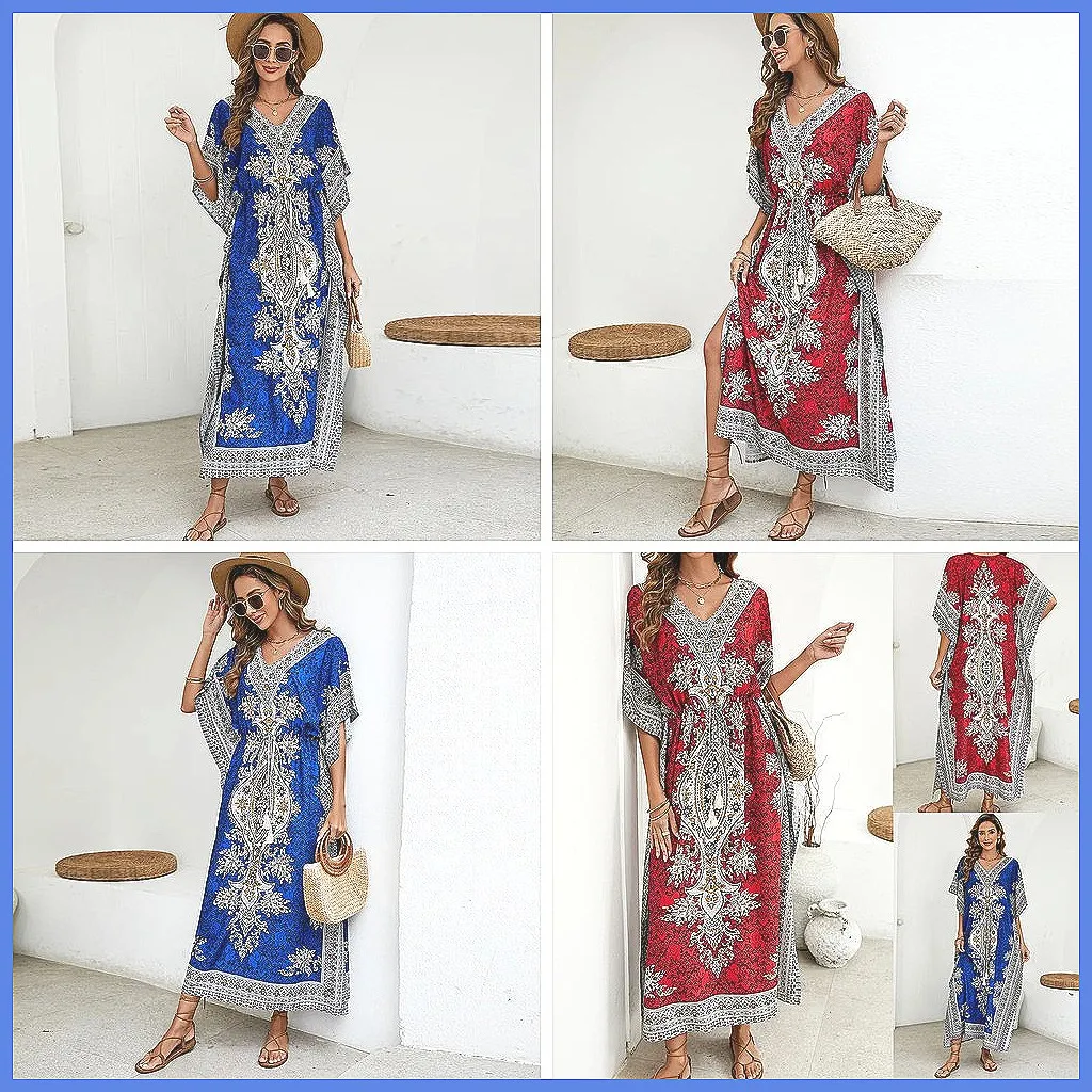 

Bohemian Beach Cover Up Dress Long V-Neck Loose Sunscreen Dress for Women