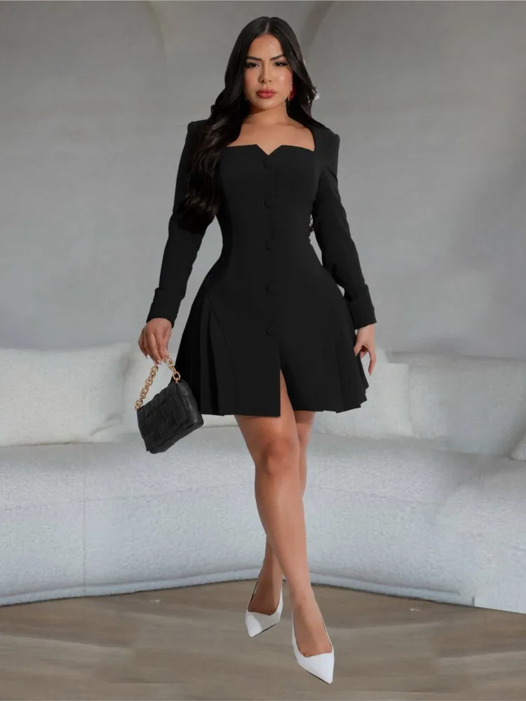 

Women Long Sleeve Ruffles Hem Mini Dresses Elegant Birthday Party Prom Waist Wrap A-Line 2025 Spring Autumn Office Lady Vestidos