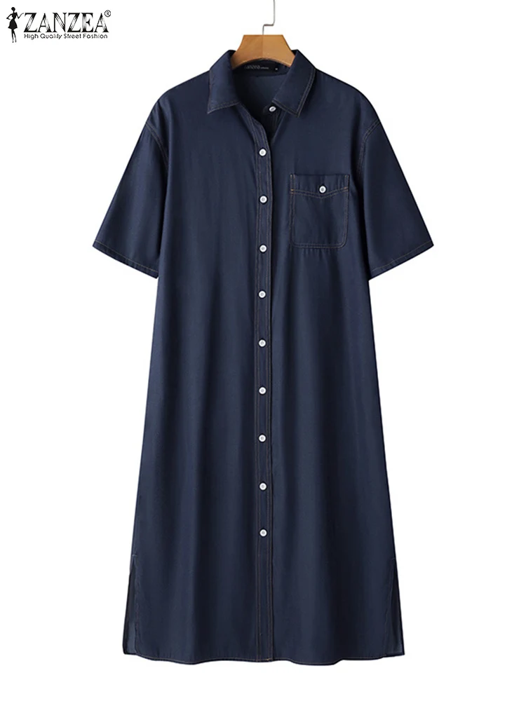 2024 ZANZEA Summer Denim Blue Shirt Dress Oversize Women Elegant Button Down Midi Vestidos Short Sleeve Lapel Neck Sundress Robe