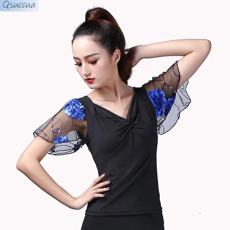 National Standard Dance Modern Dance Trumpet Sleeve Blouse Short-Sleeved Practice Latin Dance Competition Performance