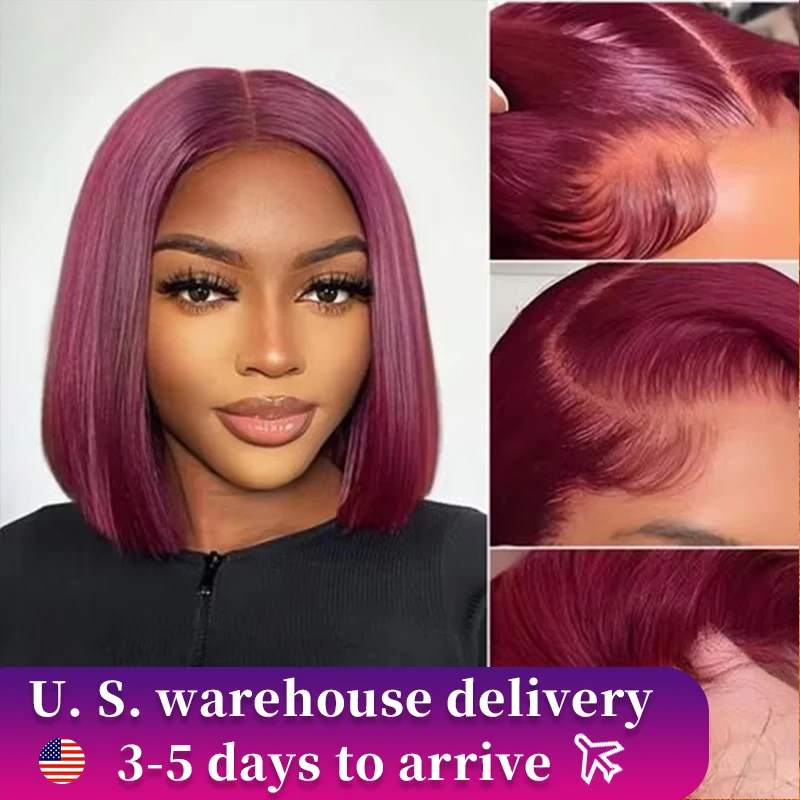 13x4 99J Short Bob Wig Human Hair Dark Red Burgundy Color Full Frontal Bob Wigs Blunt Cut Bone Straight Front For Black Woman