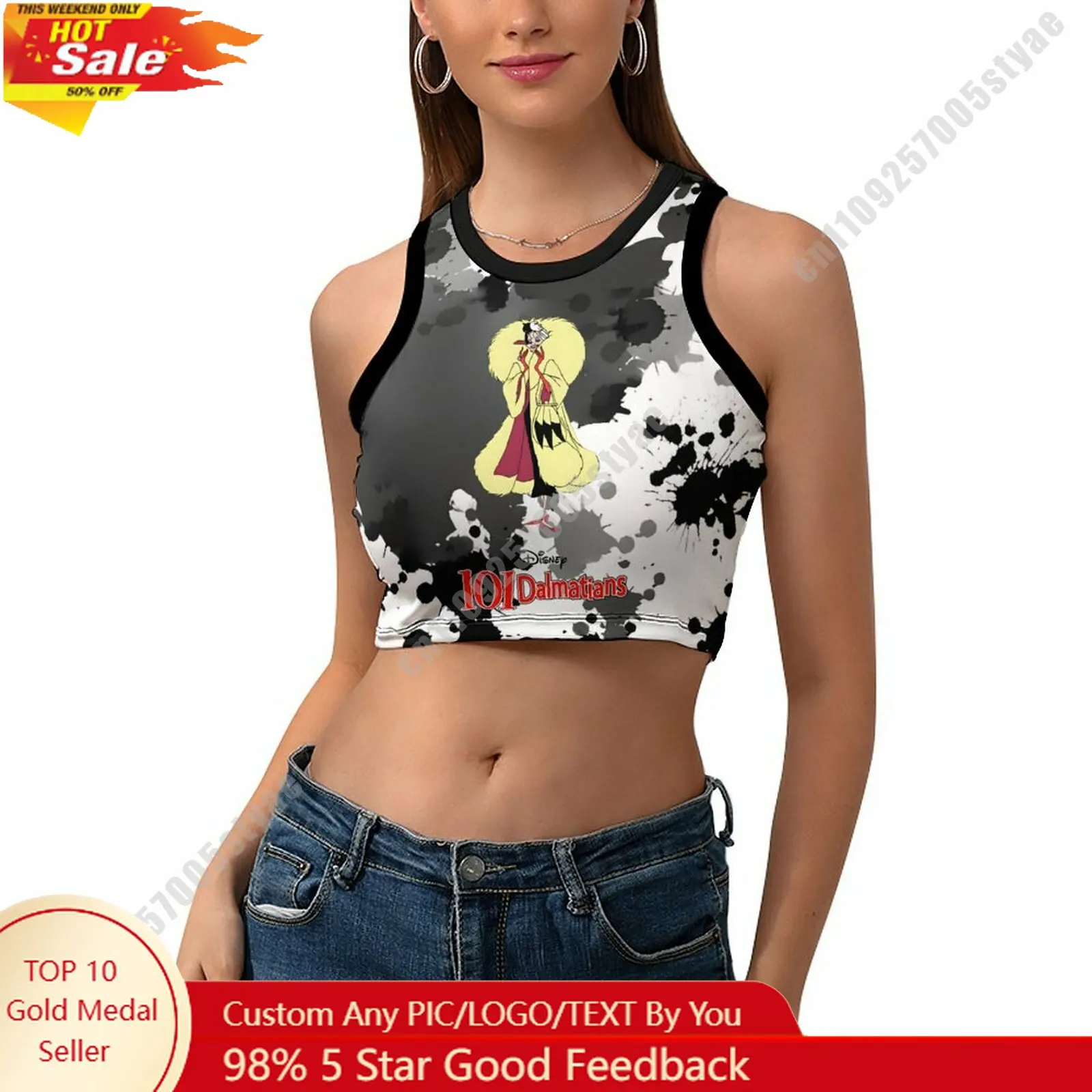 

Cruella De Vil Vest Disney Pattern Custom Photo Text Crop Tank Racerback Vest Personalized Graphic Sleeveless Crop Top