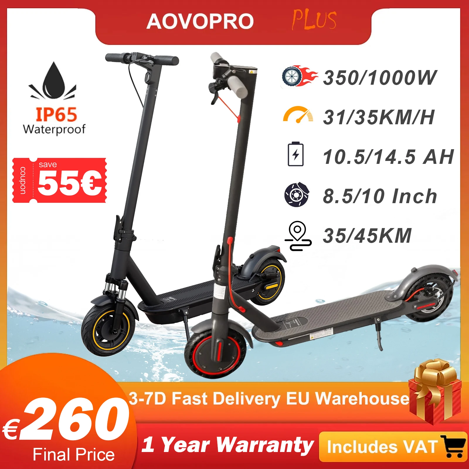 AOVOPRO Electric Scooter 35-45 KM Max Range 350/1000W Motor 10.5/14.5AH Smart APP Adults Folding Electric Scooter 8.5/10 Inch