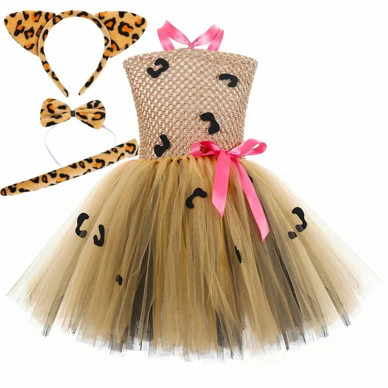 Leopard Cat Cheetah Costume  Girls Jungle Themed Birthday Party Kids Halloween Carnival Animal Outfits Tutu Dress with Ears Tail
