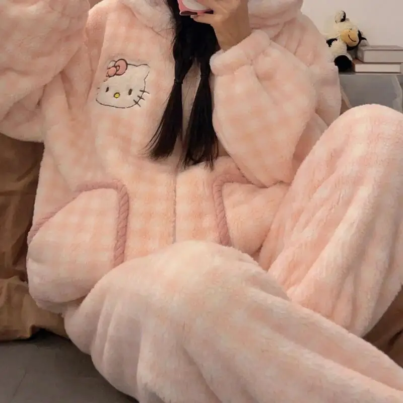 Kitty Cartoon Neue Korallen Samt Pyjamas Roben Winter Samt Verdickt Flanell Mittlere Länge Mit Kapuze Schlafen Kleid Set Hause Kleidung