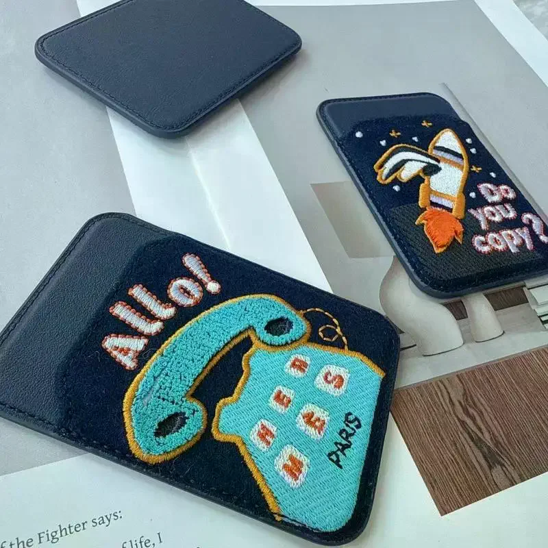 Embroidery Leather Card Holder Magnetic Card Protective Case GPS Anti-lost Mobile Phone Bag Ultra-thin Mobile Phone Back Clip
