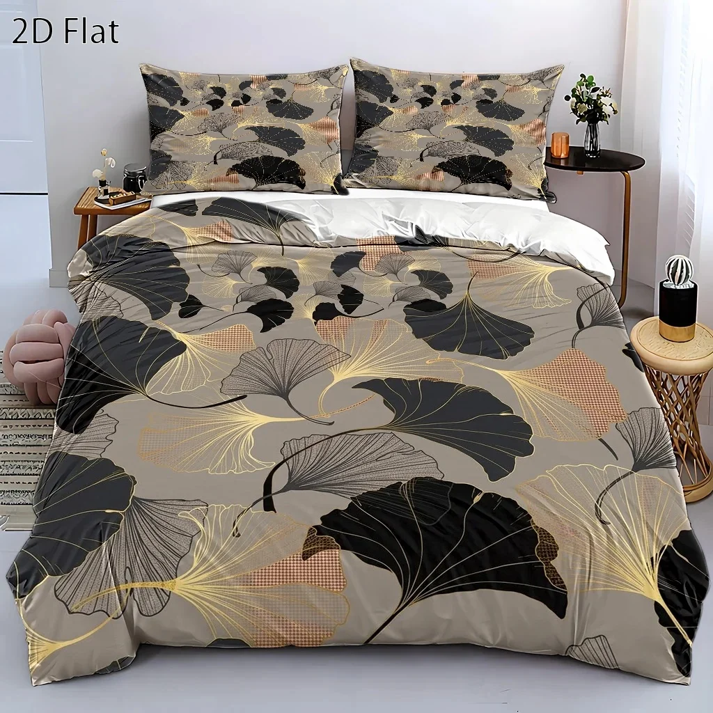 3Pc Ginkgo Leaf Art Print Duvet Cover Set, Three-Piece Bedding Set (1 Duvet Cover + 2 Pillowcases), Suitable for All Seasons, Machine Washable, Invisible Zipper Design, Large Double Bed Cover Set, Suitable for Home, Dormitory, Master Bedroom, Guest Room, Light Luxury Style Ins Plant Pattern Bedding, Best-Selling Comfortable and Skin-Friendly Bedding Set, Retro High-End Bedding Three-Piece Set, Multi-Scenario Applicable Bedding Set