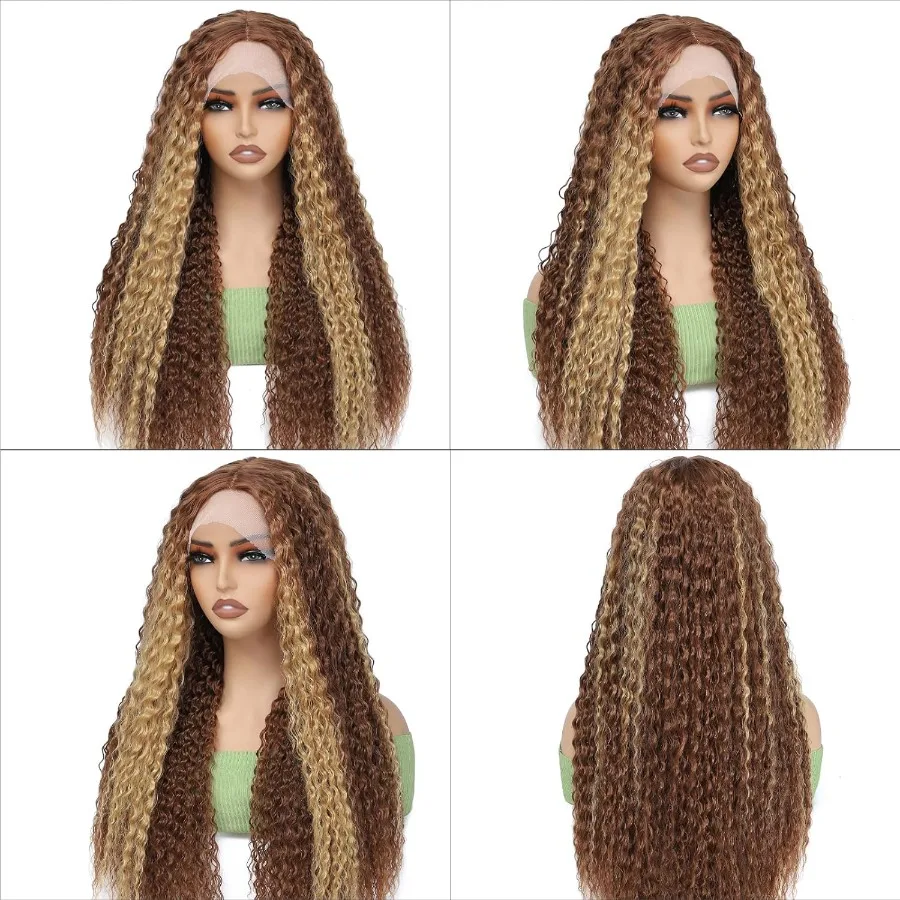 باروكات صناعية طويلة مجعدة للنساء ذوات البشرة السمراء ذات ملمس مجعد عميق وتسليط الضوء على أشقر بطول 30 بوصة مثالية للارتداء اليومي #5