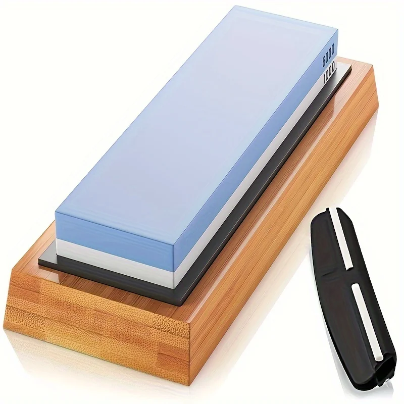 1 high-quality grinding stone, sharpening stone, 2 1000/6000 side grinding stones, anti slip bamboo base and corner guide rail