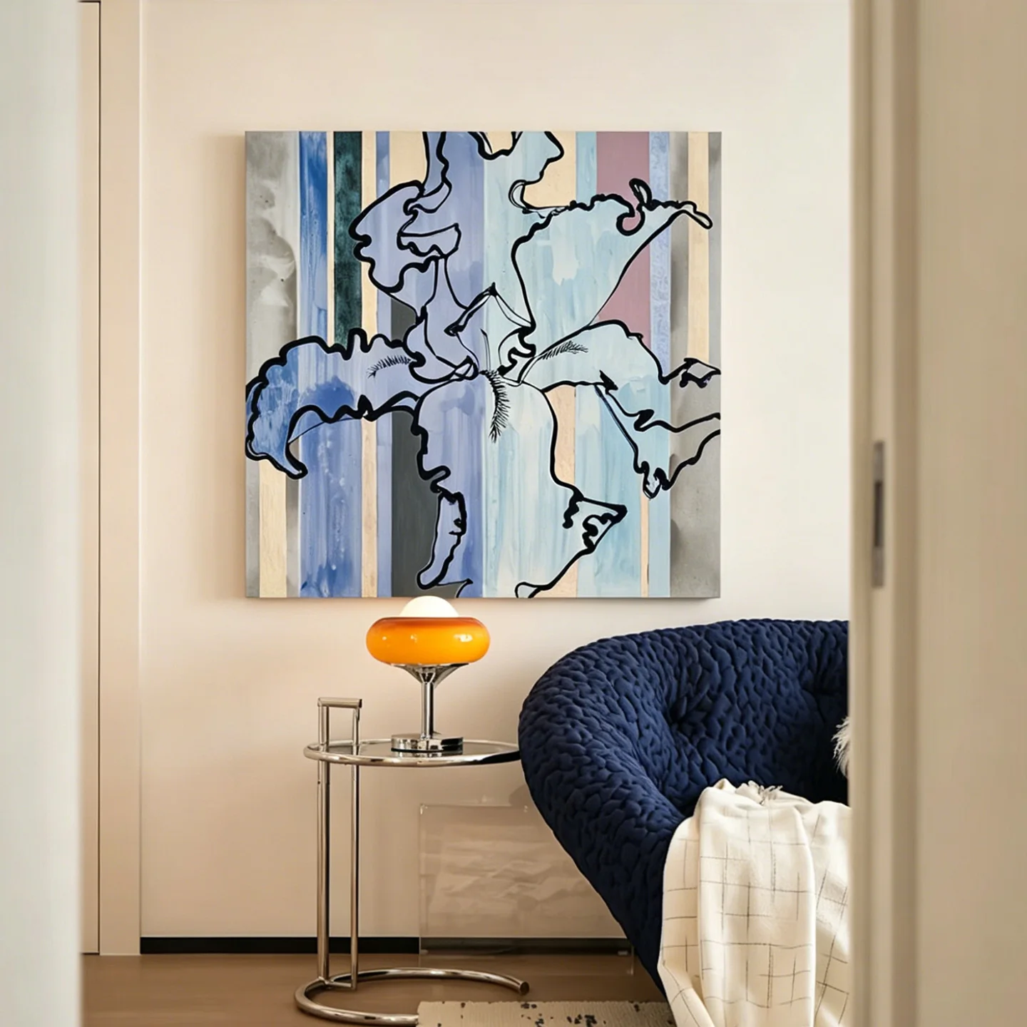Modern Abstract Blue Iris Flower Canvas Wall Art, Line Art Floral Color Block Striped Poster, Aesthetic Home Dining Room Decorat
