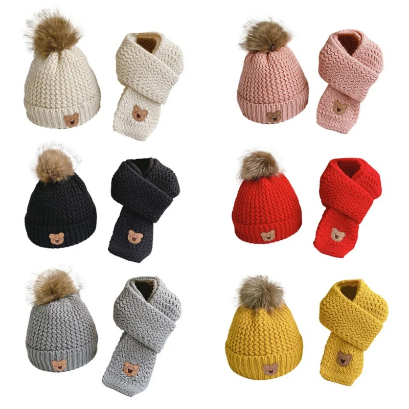 

Winter Toddler Boys Girls Hat Scarves Set Kids Baby Woolen Hat Children's Hat Scarf Set Winter Knitted Warm Hat Accessories