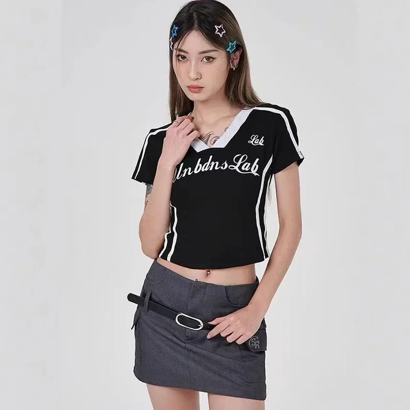 NICE American Style Short Sleeve V-Neck Slim Fit T-Shirt Women's Design Sense Small Crowd Shoulder Printed Base Shirt Top