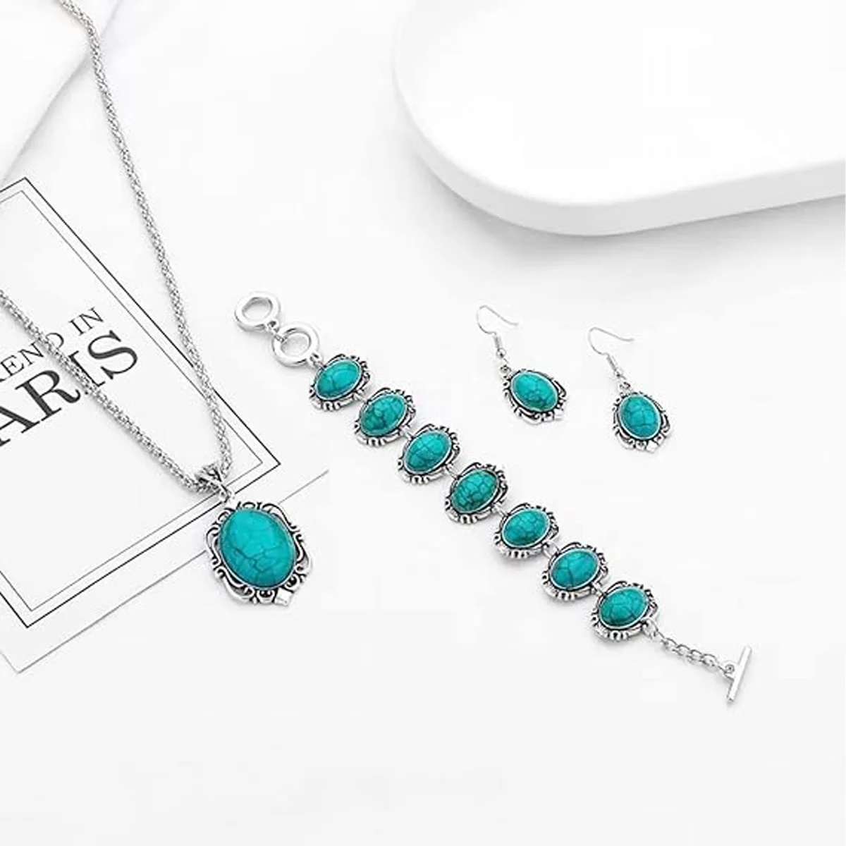 3pcs Women\'s Vintage Turquoise Bracelet Necklace Earrings Set, Healing Stone Decoration Gift(Without Box)