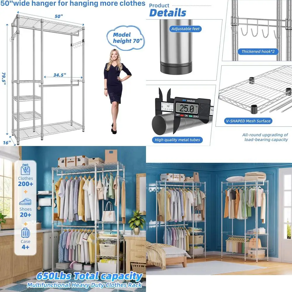 

Industrial-Strength Clothing Rack, Holds 450lbs, Adjustable Hanging and Shelves, Metal Closet, Chrome Finish