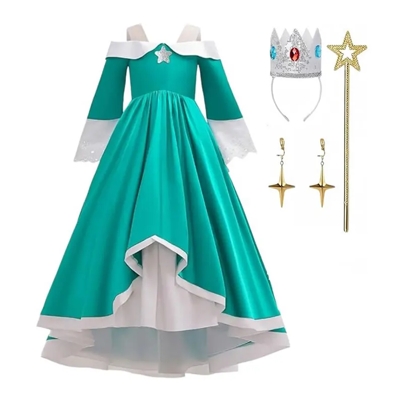 Princess Rosalina Costume For Girl Dress Fancy Children Up Sling Frock+Crown+Magic Wand+Earrings 4PCS Set Tunic Clothes