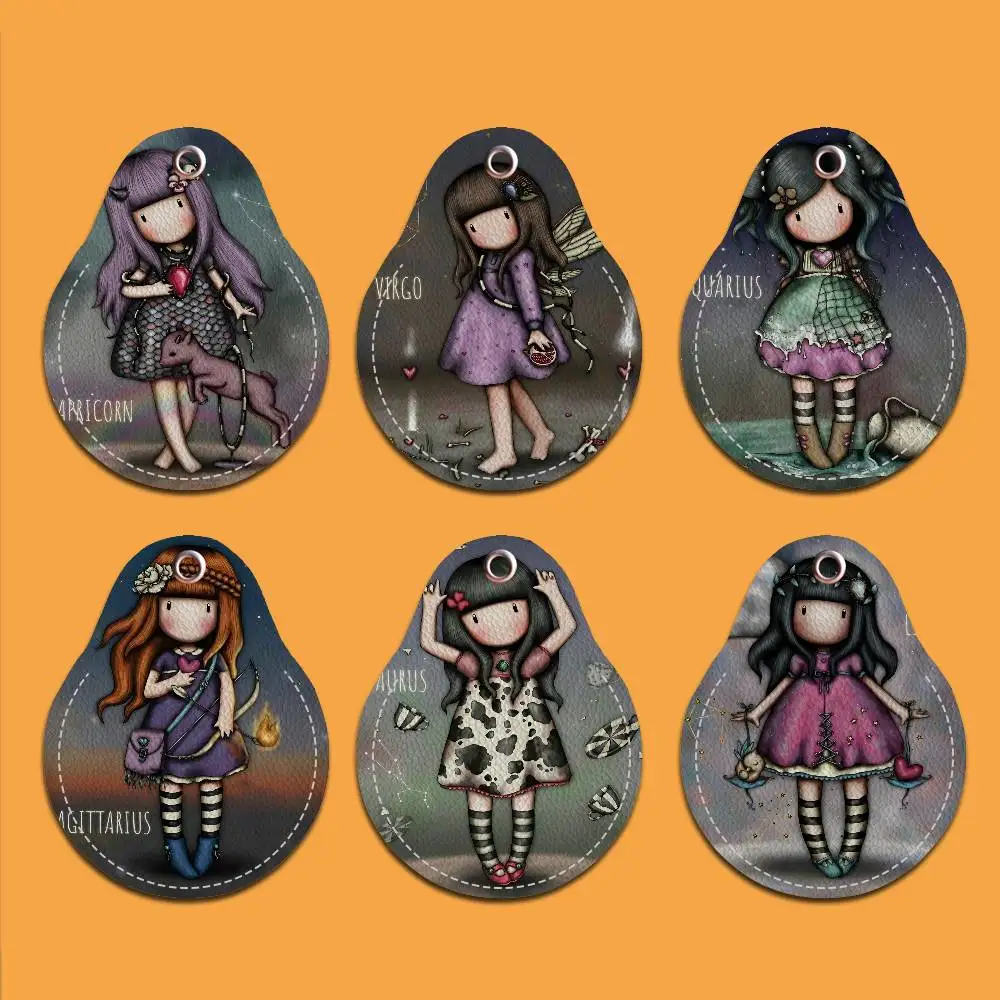 Llaveros redondos de dibujos animados bonitos S-Santoro-Gorjuss para mujer, llaveros en blanco de cuero PU, ideales para regalos navideños y recuerdos de fiesta
