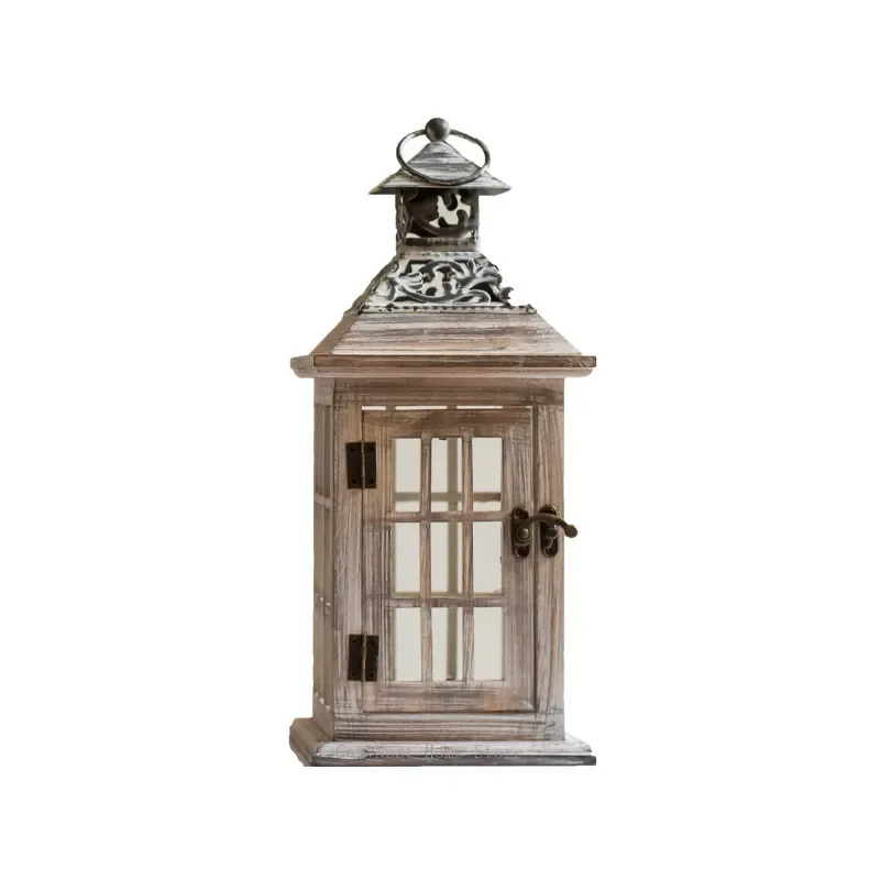 Vintage Whitewashed Wood & Iron Floor Lantern, Glass Hurricane Candle Lamp for Outdoor Wedding & Party Decor