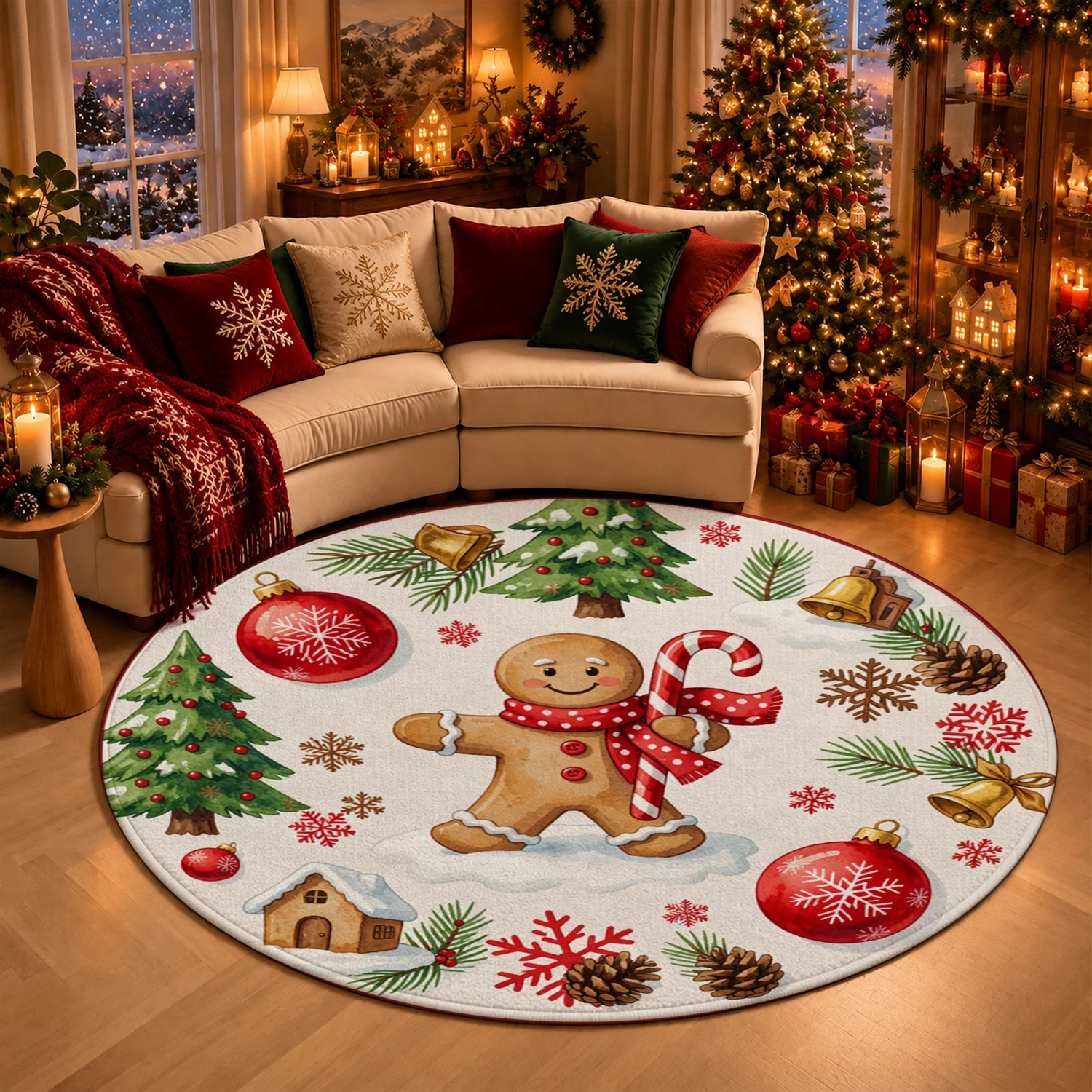 Gingerbread Man Christmas Tree Bell Snowflake Pattern Round Velvet Placemat Machine Washable for Dining Table Coffee Table Living Room Halloween Thanksgiving Christmas New Year Black Friday Cyber Monday