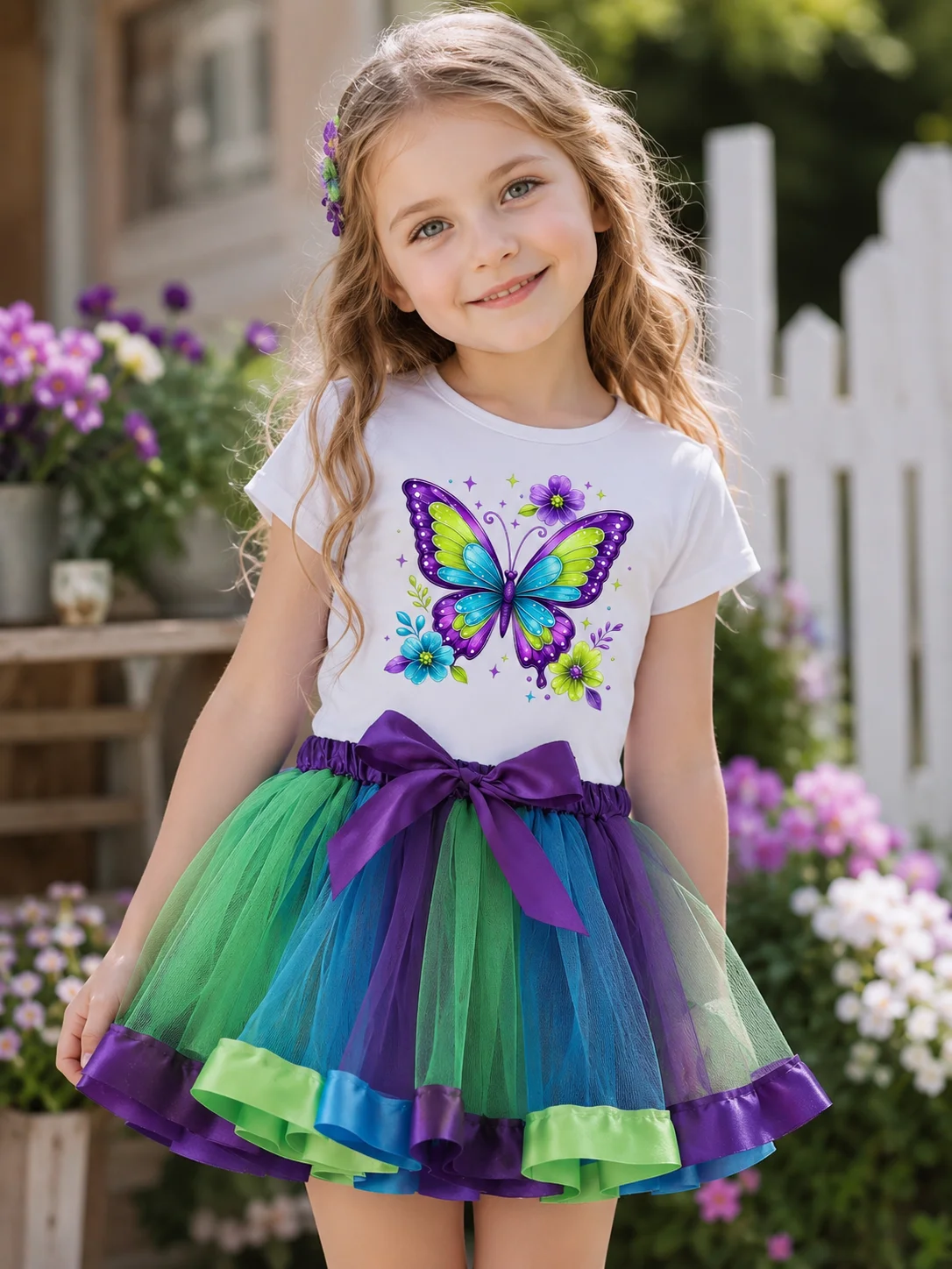 Ensemble 2 pièces pour fillettes : T-shirt graphique papillon violet, vert, bleu et jupe tutu en tulle moelleux – Tenue décontractée pour enfants