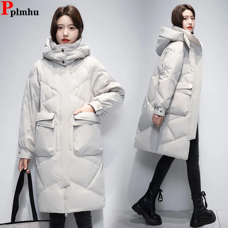 Winter Loose Hooded Down Cotton Coats Tops  Mid Length Warm Parkas Thicken Basic Chaqueta  Korea Snow Wear Fashion Women Casaco