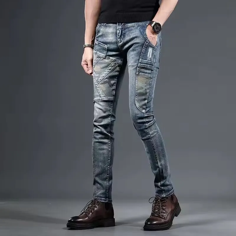 2025 الرجال طحن الجينز الأبيض سليم صالح الجينز الرجال الموضة الكلاسيكية الدنيم نحيل الجينز الذكور الرجال عادية سروال شكل قلم رصاص بنطلون