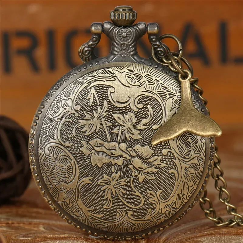 Classical Engraved Fishing Design Animal Quartz Pocket Watch for Men Women with Pendant Fish Tail Accessory Necklace Chain