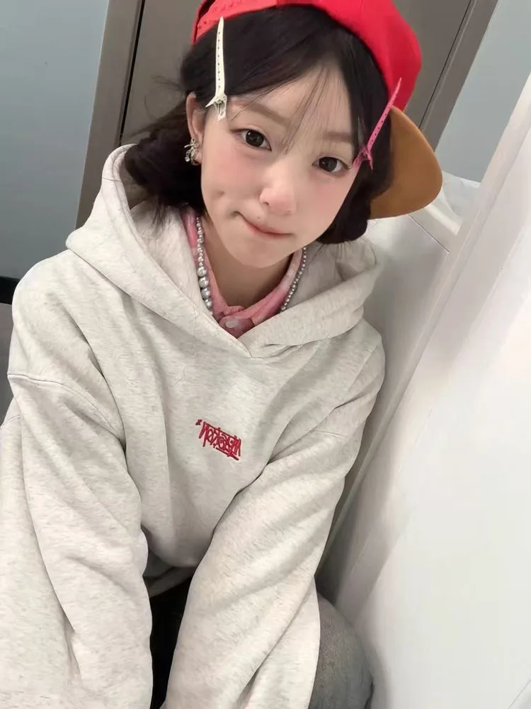 Retro American Letter Print Hoodie Women's New Fce Loose Versatile Top Korean Sle Long Sve Regular Fit Hooded Sweatirt