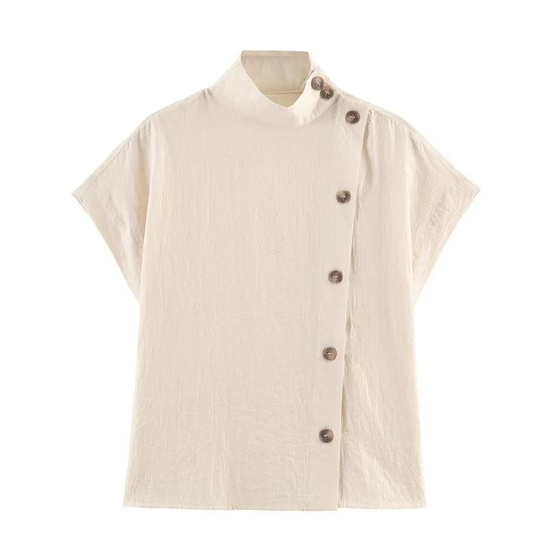 

Women's Commuting Style Fashion Versatile Color-Block Button Short Sleeve Shirt