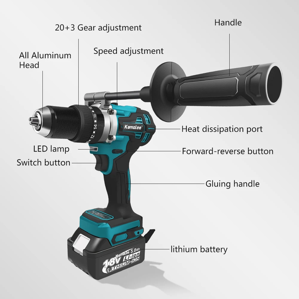 Kamolee 13mm Pro Large Torque 650NM Brushless Electric Impact Drill 3 in 1 Electric Cordless Screwdriver For Makita 18v Battery