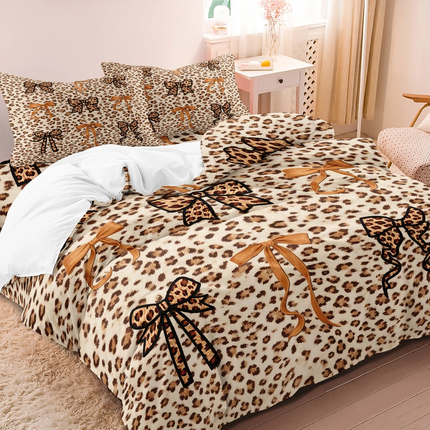 3pcs Featuring a Bow Tie Theme Design  Duvet Cover Set,Leopard Print bow Soft Brushed Printing Duvet Cover For Home And Dorm Use