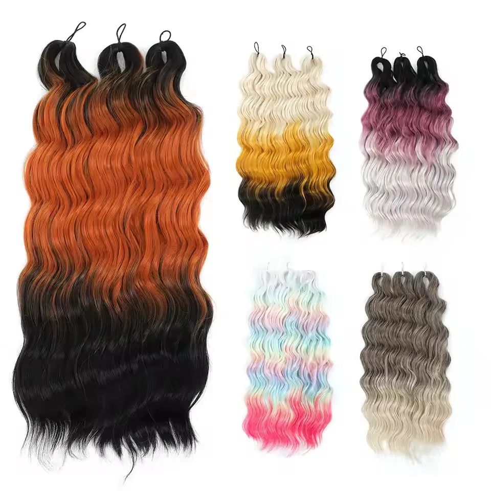 Anna 3 uds 24 pulgadas 300 gramos trenzas Ombre marrón naranja Arco Iris suelta onda profunda Crochet trenzado plata extensión de cabello sintético