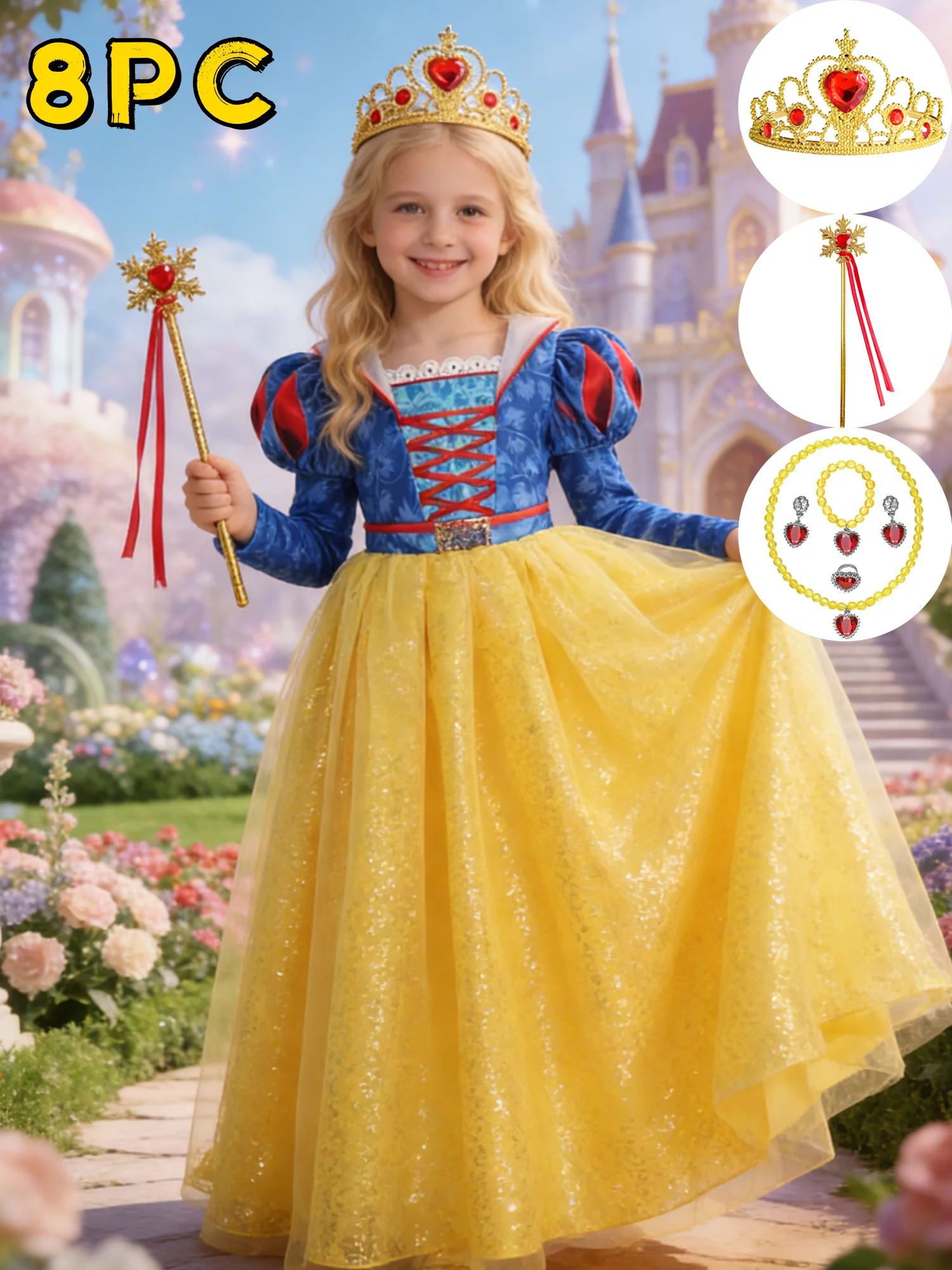 Vestido de Princesa LED de Película Popular, Vestido de Blancanieves, con Capa y Diadema para Halloween, Carnaval, Fiesta de Cumpleaños, Cosplay