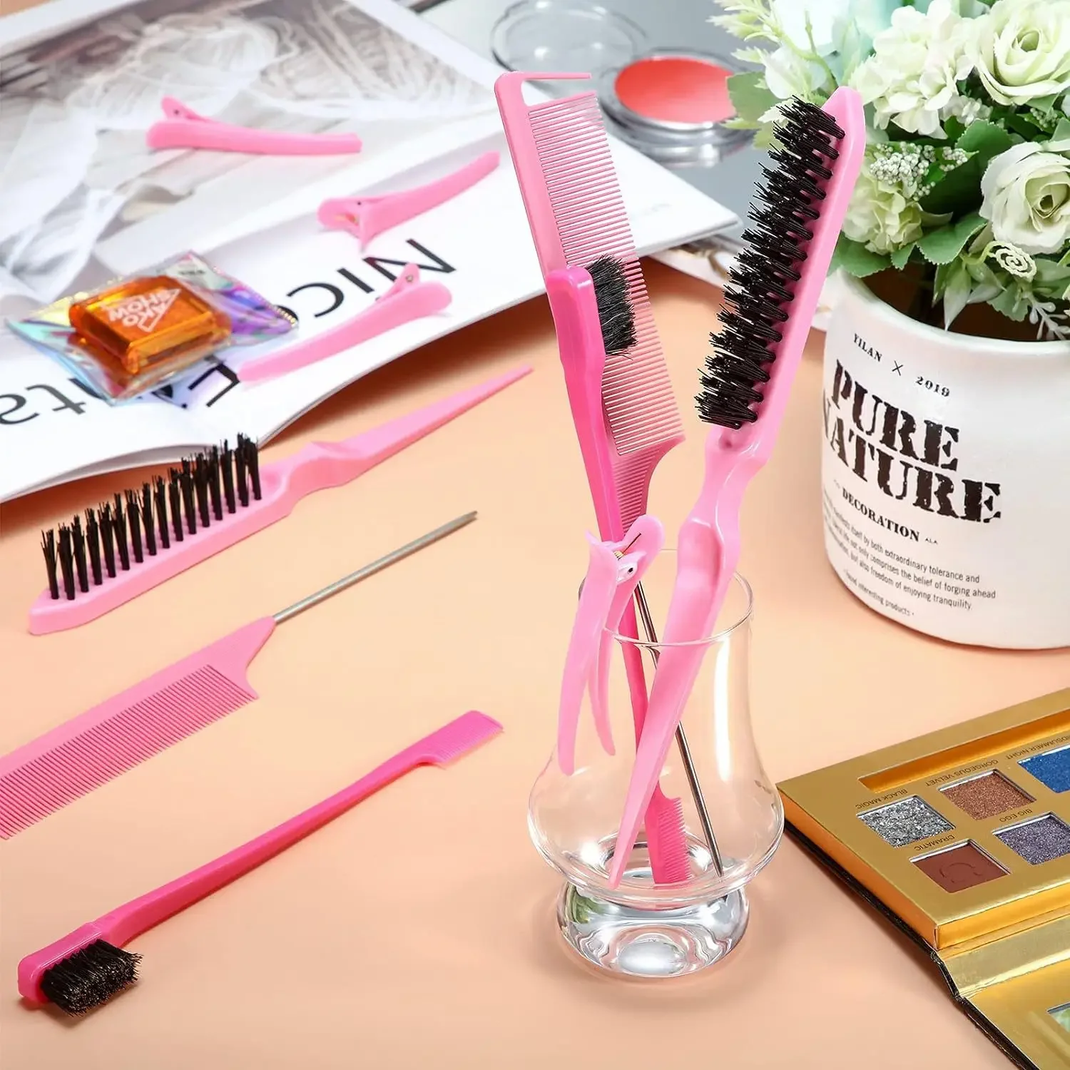 3Pcs Slick Back Hair Brush Set Teasing Hair Brush Triple Teasing Comb Rat Tail Combs Accessory Hair Brush Women's and Children's