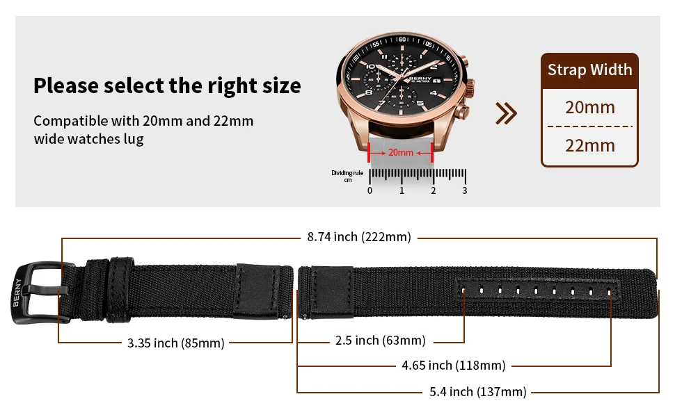 BERNY 20/22 mm Nylon-Uhrenarmband, atmungsaktiv, Sport-Uhrenarmbänder, gewebtes Nylon-Armband, Haltbarkeit, Stahlschnalle, werkzeugloses Uhrenarmband – Detail 4