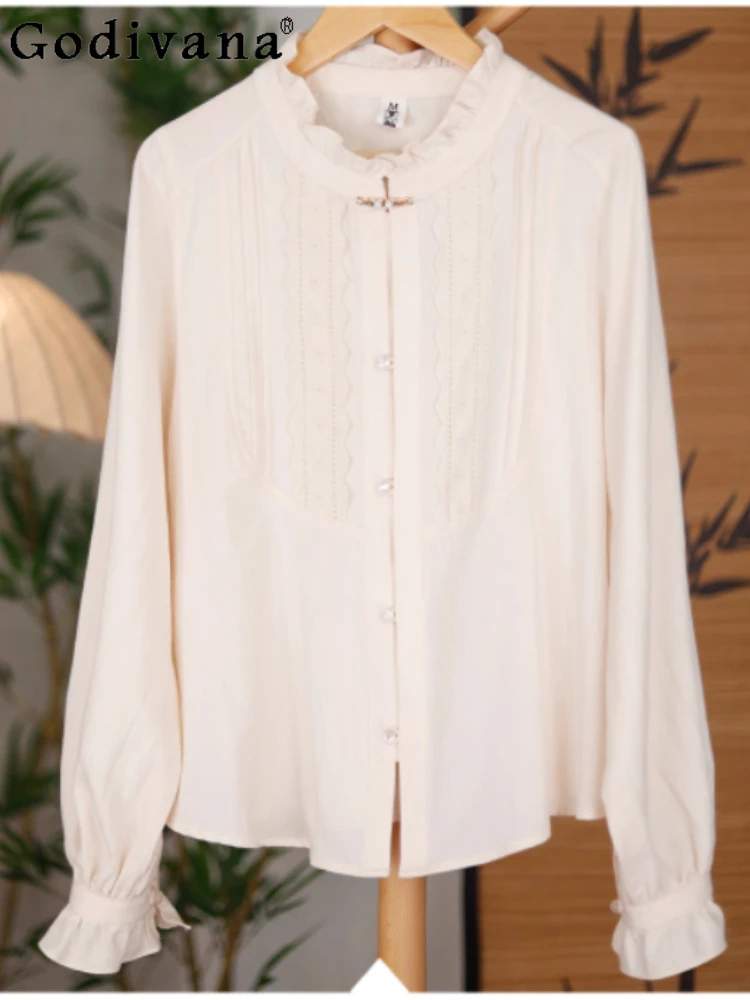 

Spring Autumn Fashion Versatile Age Reduction Long Sleeve Cotton Lolita Shirt Cute Girls Ruffles Beige Playful Japanese Top