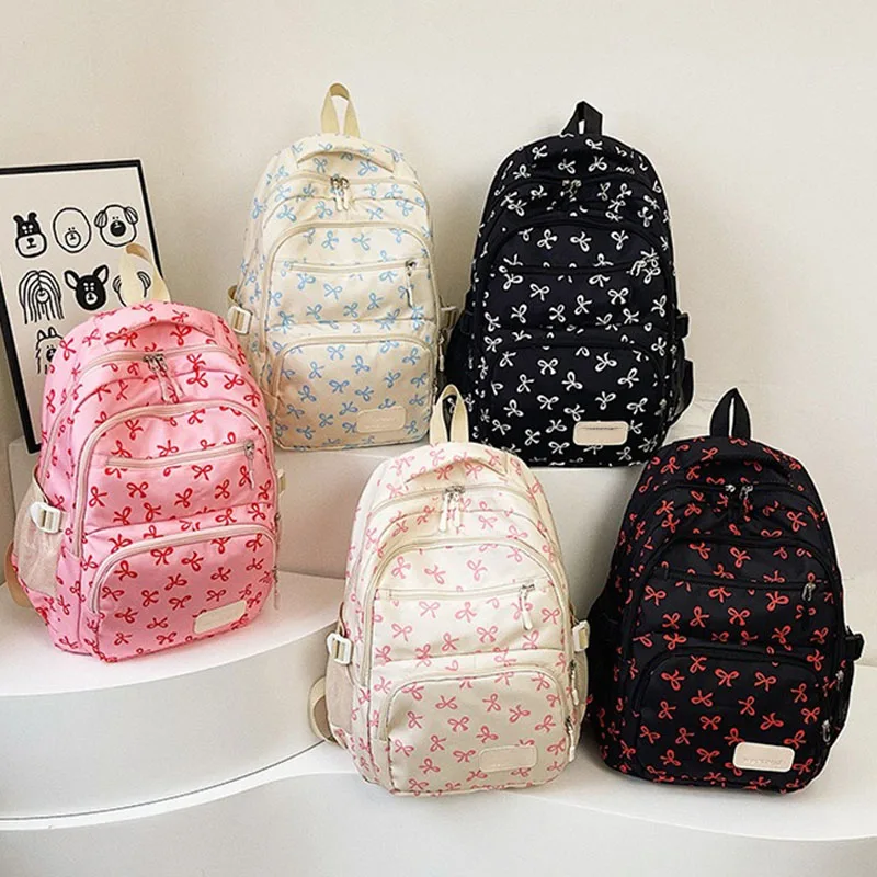 3Pcs Set Cute Large Capacity Backpack Korean Fashion Bow Print Bag Nylon Bags Student Schoolbag Adjustable Strap Travel Backpack