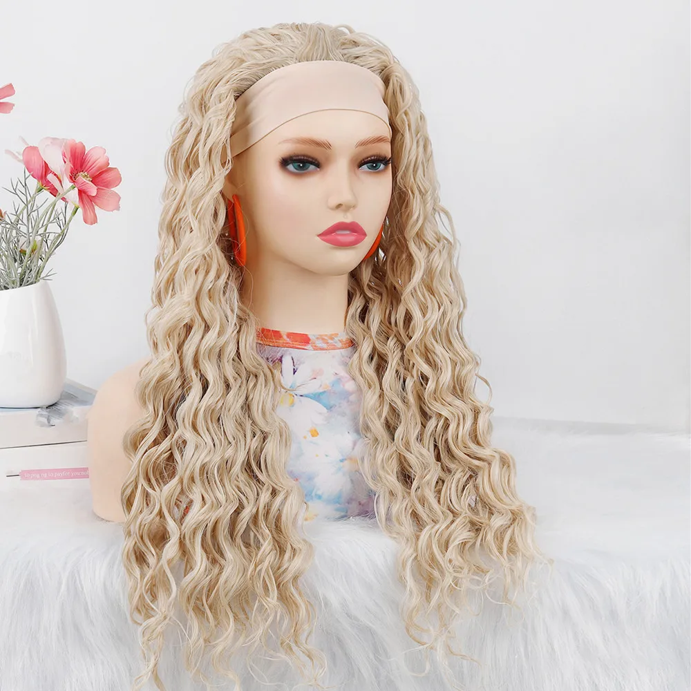 SQRDGQ 22inch Synthetic Hair Headband Wig High Quality Woman Wigs Deep Curly Wigs for Women Gray Blonde Wig Female